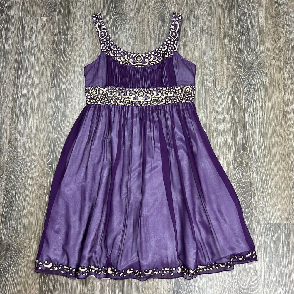 Adrianna Papell Evenings Purple Silk Beaded Sleeveless Fit & Flare Dress Size 12